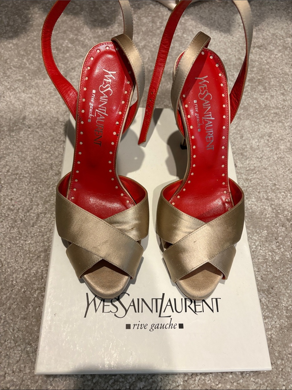 Yves Saint Laurent Metallic Gold Crisscross Slingback Heels with Red Insole